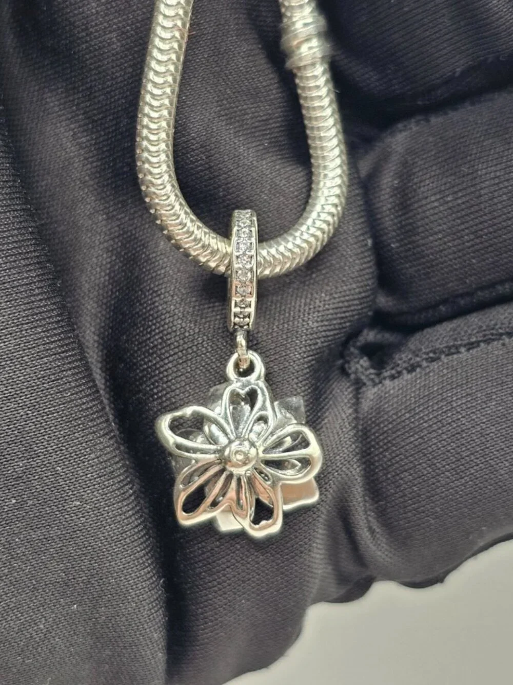 Sterling Silver 925 Rhodium Plated CZ Dangling Blue Blossom Charm